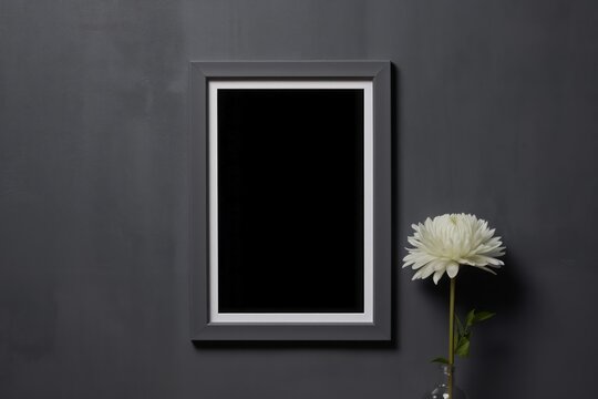 Gray picture frame on gray wall background. Empty space for image. A white flower in a vase next to the frame. Minimalist interior decoration concept.