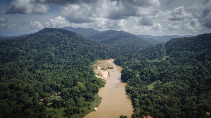 Exotic rainforest landscape at Taman Negara Pahang, Malaysia. Drone aerial view.