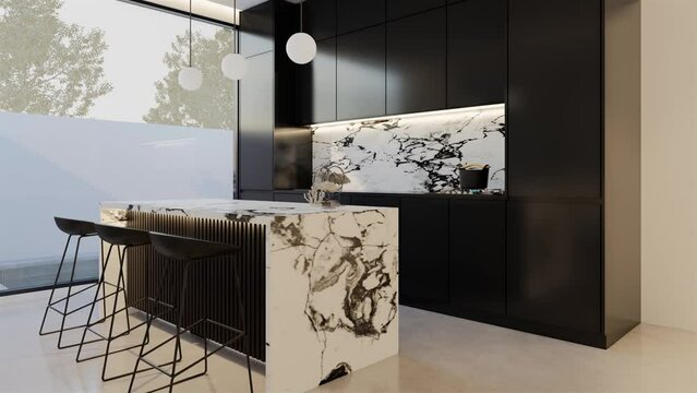animation Minimal white kitchen and dining table. 3D illustration rendering