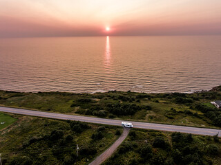 Stunning Sunset panoramic view Cape Breton Island Coast line cliff Cabot Trail route, Nova Scotia...