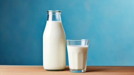 bottle and glass of milk on wooden table and blue wall background