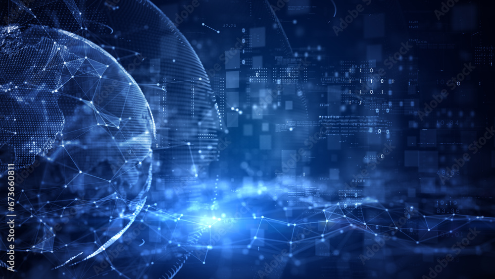 Aufkleber global network connection, technology big data transfer, internet and blockchain digital data connec