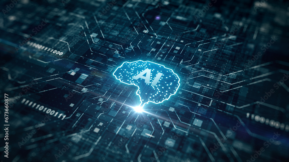Poster futuristic cyber technology innovation, artificial intelligence concept, brain over the circuit boar