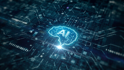 Futuristic Cyber Technology Innovation, Artificial intelligence concept, Brain over the circuit board, Deep learning modern computer technology, Technology digital abstract background. 3d Rendering