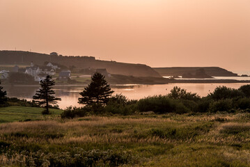 Stunning Sunset panoramic view Cape Breton Island Coast line cliff Cabot Trail route, Nova Scotia Highlands Canada