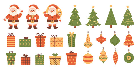 Obraz na płótnie Canvas Vector big Christmas set with Santa Claus characters, gift boxes, christmas tree and baubles. New Year cute collection of design elements.