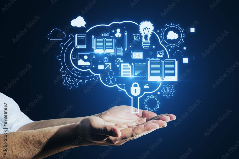 Poster close up of businessman hands holding glowing brain outline and books hologram on blue background. a