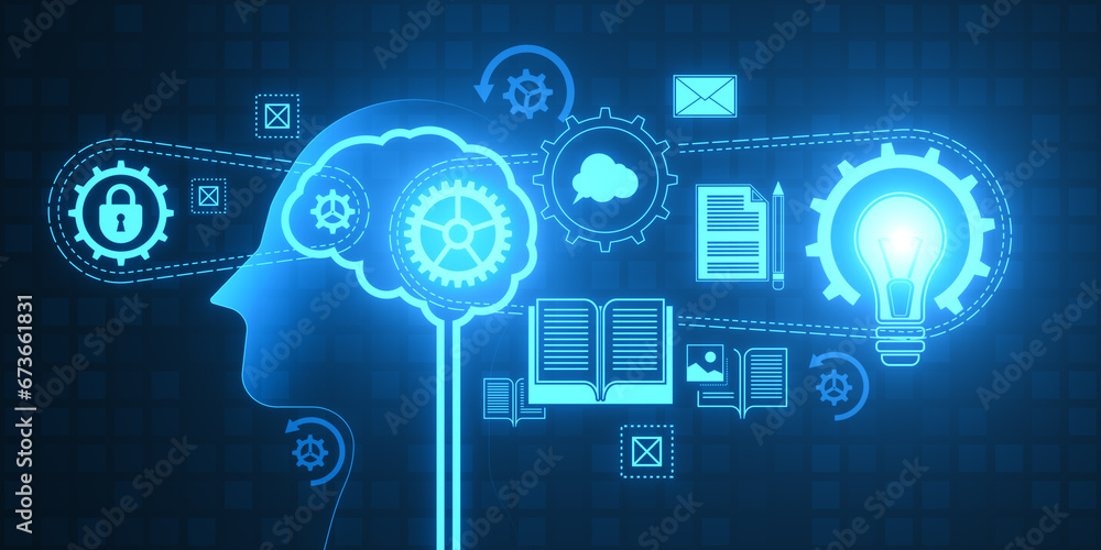 Poster abstract joint search for ideas hologram, abstract person's head, filled with ideas of thought and a