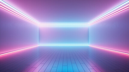 Obraz premium Abstract interior empty neon room or corridor. Colored modern minimal holographic design. Generative AI