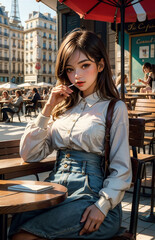 Beautiful young woman drinking coffee in Paris near the Eiffel tower