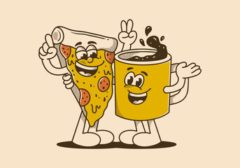 Mascot character of a coffee mug and a slice pizza