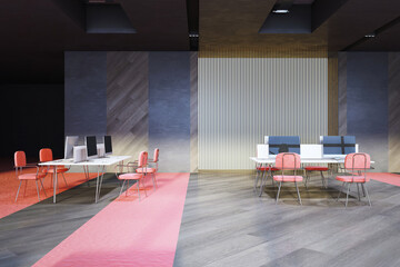 Clean coworking office interior. Interior designs concept. 3D Rendering.