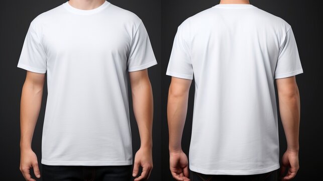 A man is wearing a plain blank white t-shirt with half sleeves, both on the front and back sides mockup
