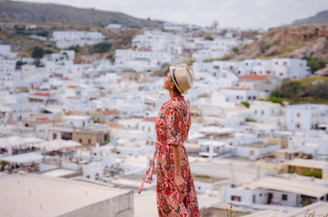 Nice Happy Female Enjoying Greek Islands. Travel to Greece, Mediterranean islands outside tourist...