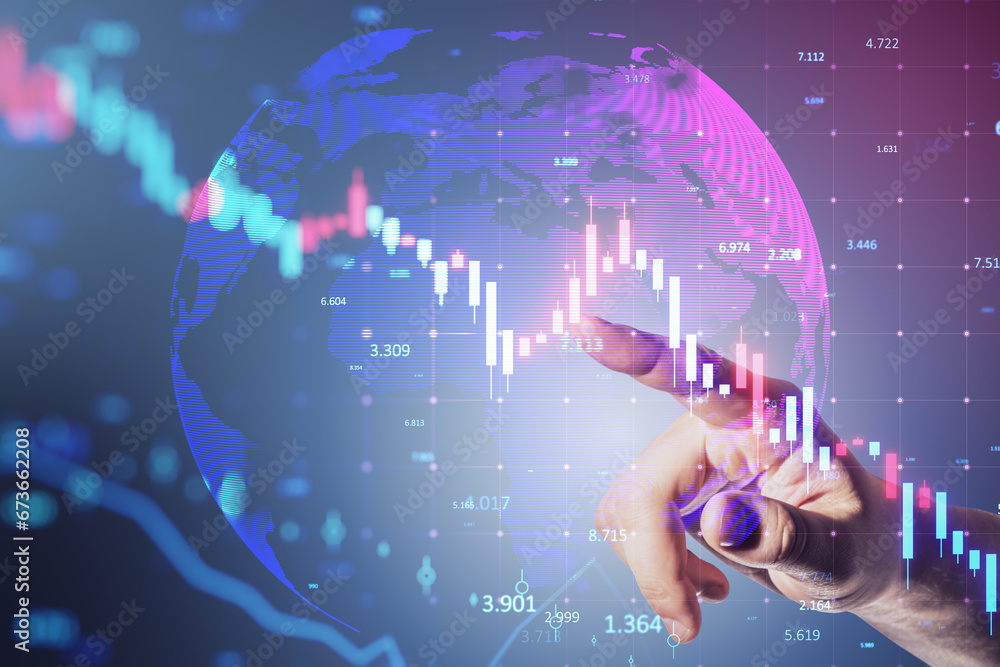 Poster close up of businessman hand pointing at falling forex chart and globe on blurry grid background. cr