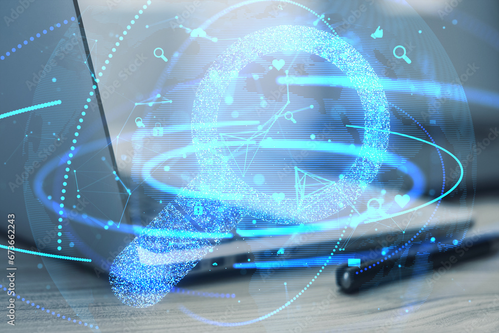 Poster close up of laptop and pen on desk with creative glowing magnifier and globe hologram on blurry back