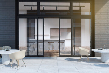 Luxury glass cafe entrance with tables, chairs and shadows. Coffee shop and restaurant exterior. 3D Rendering.