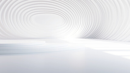 Abstract white cylindrical podium in white room with wave lines pattern, 3D illustration.