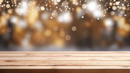 Empty wooden table with blured christmas lights on background and copy space. AI
