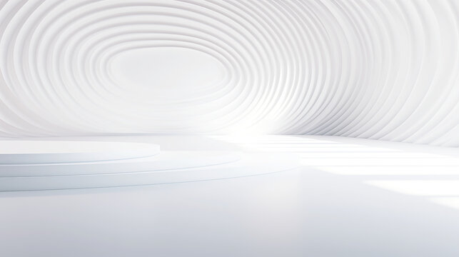 Abstract white cylindrical podium in white room with wave lines pattern, 3D illustration. © BK_graphic