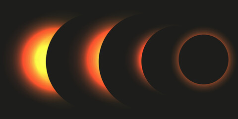 Banner design with Solar Eclipse stages. Solar system. Big Crystal flare on the sun isolated black background. Magnetic storms on the sun. Vector illustration. - obrazy, fototapety, plakaty