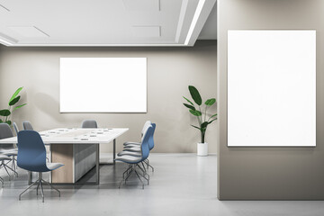 Contemporary meeting room interior with empty white mock up banner, furniture and plants. 3D Rendering.