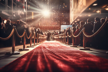 Red carpet rolling out in front of glamorous movie premiere with paparazzi in the background - obrazy, fototapety, plakaty
