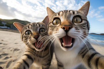 Two funny cats take a selfie on the beach. Humor. Created using artificial intelligence.