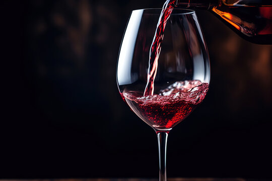 Red wine pouring into wine glass, close-up. Red background.
