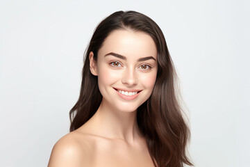 Obraz na płótnie Canvas Portrait of young happy woman looks in camera. Skin care beauty, skincare cosmetics, dental concept isolated over white background
