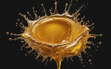 Beautiful olive or engine oil splashes arranged in a circle isolated on black background