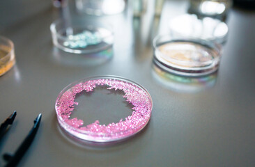 Close up of petri dish with pink glitter sample mixed in analysis fluid over a table in...