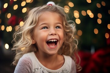 Young child smiling on a christmas background.