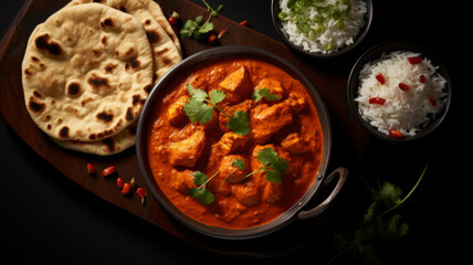 Chicken tikka masala spicy curry meat food with rice and naan bread