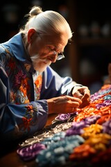 Skilled artisan's hands meticulously embroidering an intricate pattern, Generative AI