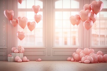 Romantic pink room with balloons, hearts, and gift box for special occasions and celebrations