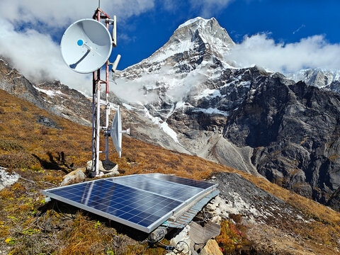 Solar-powered antenna in Himalaya mountains. Nepal