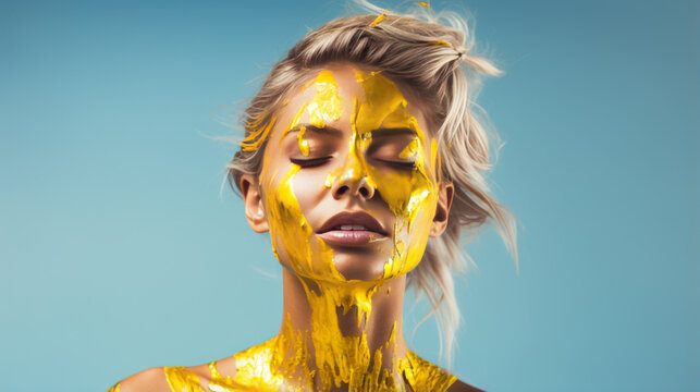 Gold Paint smudges drips from the face. Beauty woman makeup close up