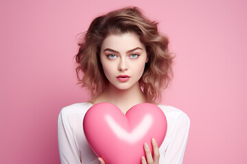 Portrait of a young beautiful, fashionable, romantic girl who has a big pink heart. Minimal Valentine's Day symbol of love.