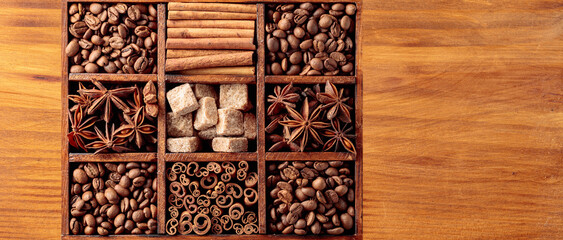 Coffee beans with spices and brown sugar.