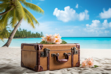 travel suitcase on the beach. Summer concept background - obrazy, fototapety, plakaty