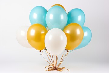 Colorful yellow and blue balloon on clean white background   festive party decoration concept