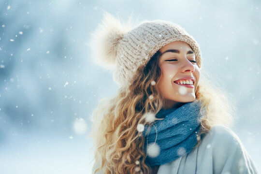 Smiling beautiful young blonde woman portrait with a wool hat on a white winter day snowing