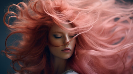 Portrait of a beautiful girl with long pink hair in the wind
