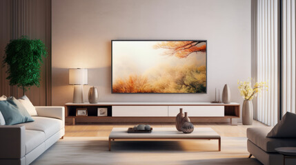 Big screen TV in the center of modern living room