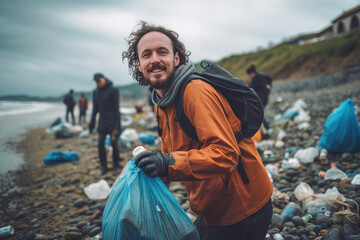 Man volunteer smiling looking at a camera picking up a plastic litter on a beach. - obrazy, fototapety, plakaty