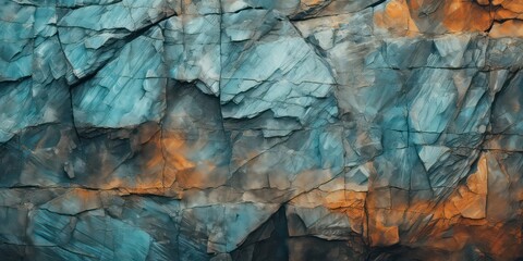 Fototapeta premium Orange and blue background, featuring a toned rock formation texture. This close-up view captures rocky cliff with a rough mountain surface.