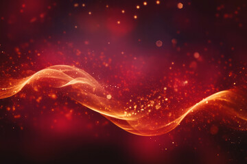 Golden abstract bokeh, waves and particles on red background. Celebrating Christmas, New Year or other holidays.