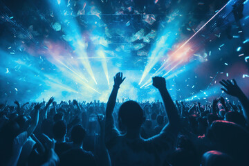 Live, rock concert, party, festival night club crowd cheering, stage lights and confetti falling....