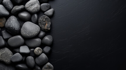 Fototapeta premium Top view. Bunch of black stones on the surface, copy space